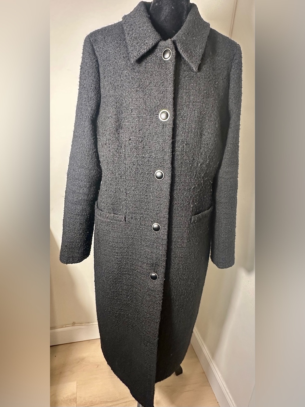 J. CREW Women’s Black Textured Wool Blend Long Coat Size 10 Button Front Lined